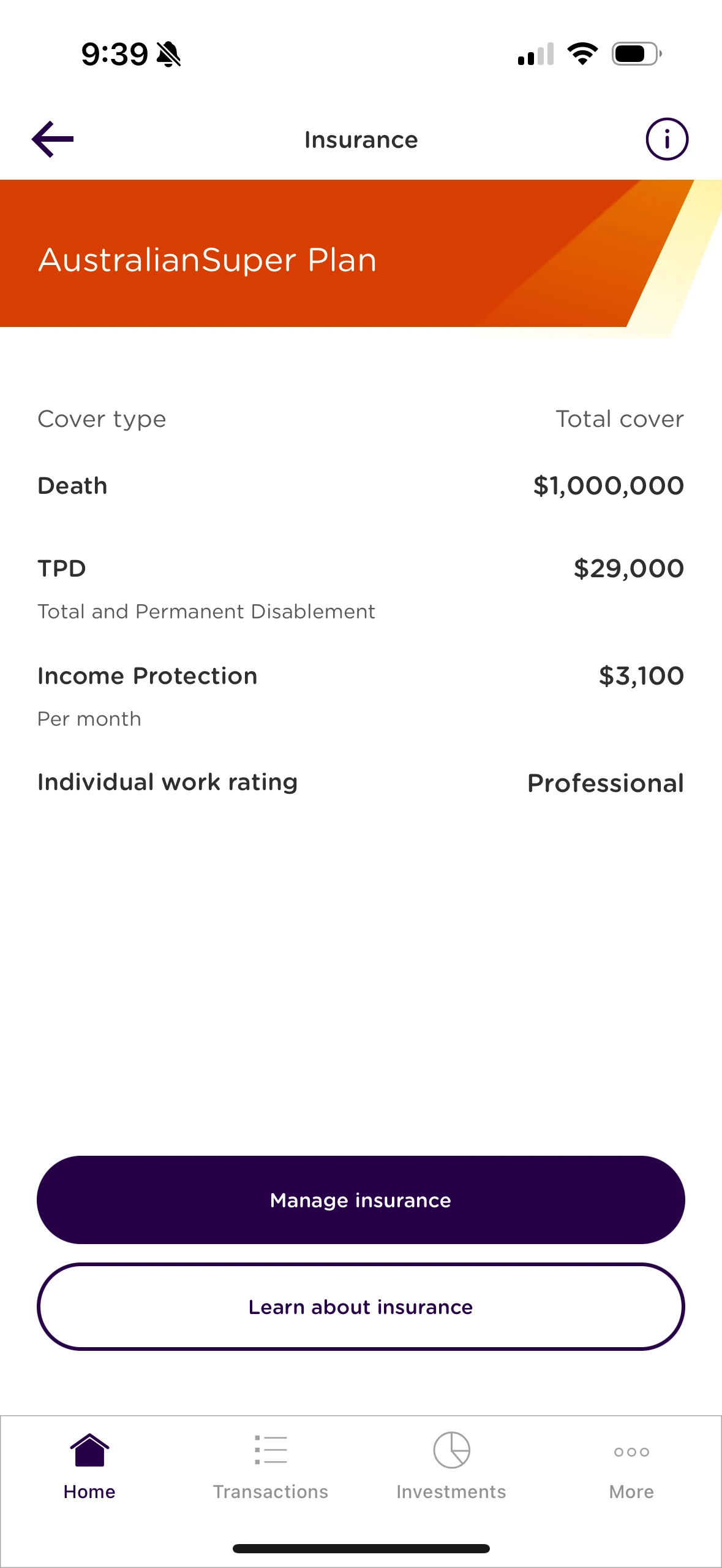 An example of how to select/view insurance on the Australian Super app.